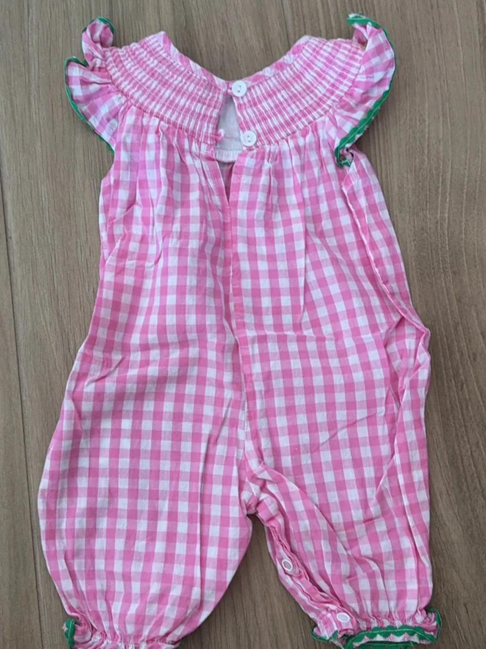 Pink Gingham Smocked Bunny/Easter Baby Romper with Green Trim